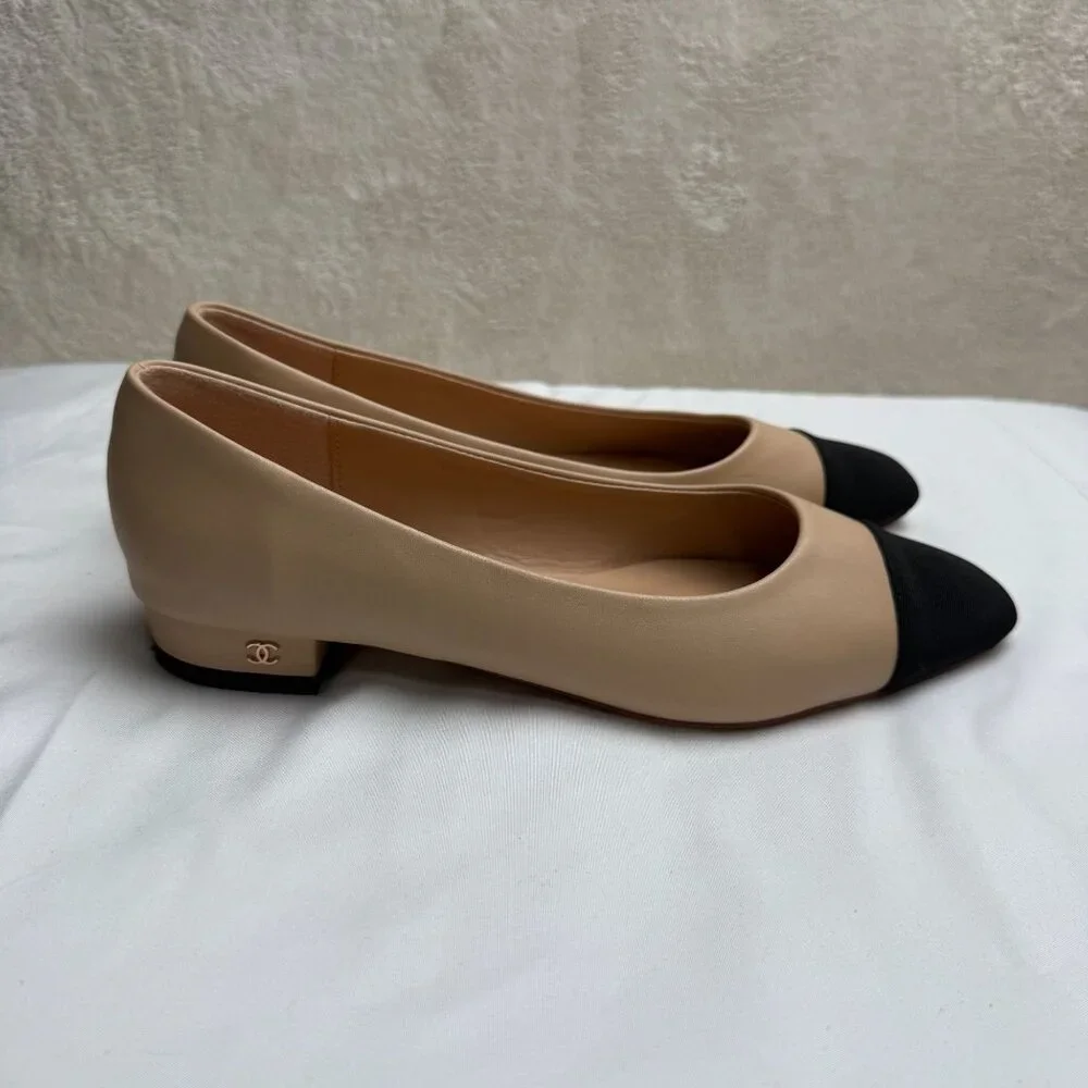 Designer Inspired Beige & Black Cap Toe Ballerina Flats Size 40 (US 9) old money - Picture 5 of 12